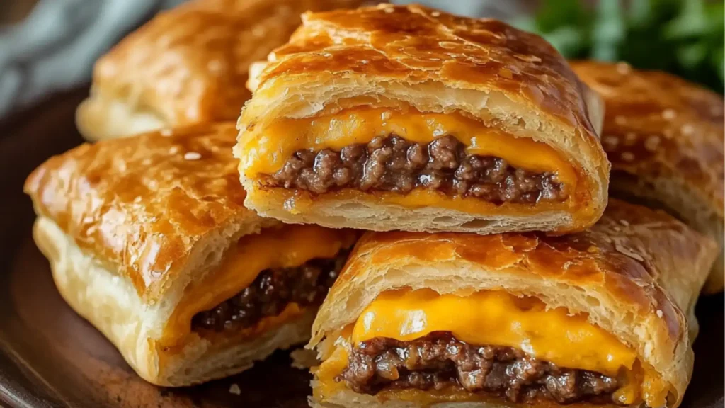 cheeseburger pockets with meaty and delicious fillings on the top, in a plate