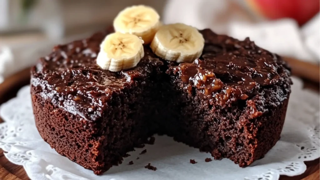 chocolate banana appetizer cake on a white plate with a fork in the foreground