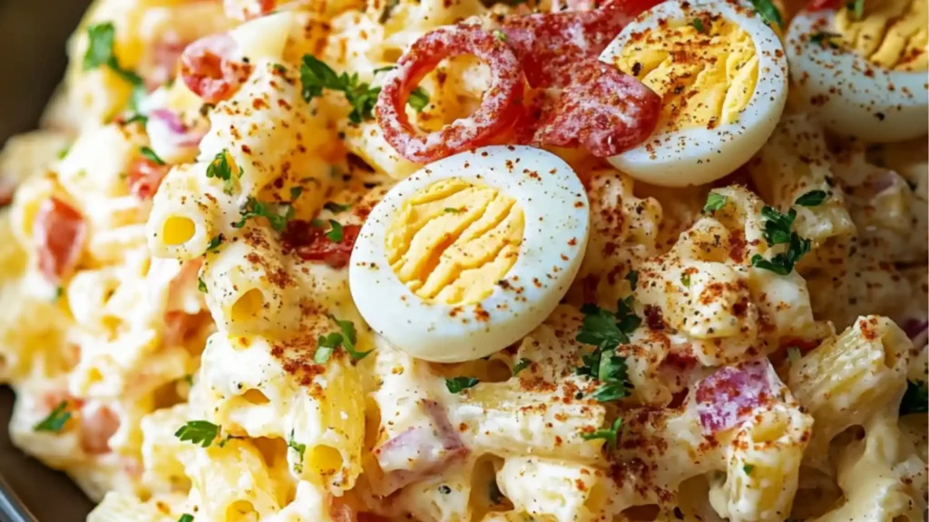 a bowl filled with deviled egg pasta and another bowl full of macaroni salad