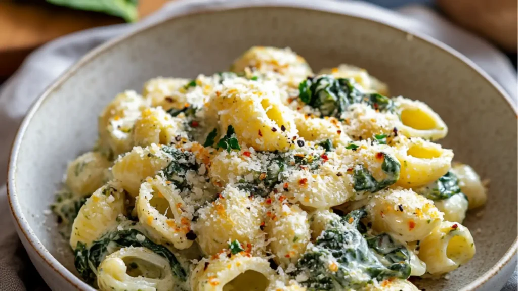 spinach artichoke pasta in a white bowl with text overlay that reads spinach artichoke pasta