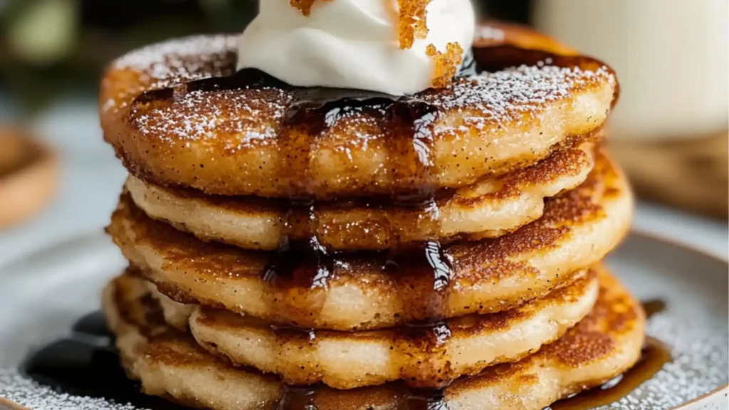 stack of churro pancakes topped with whipped cream and chocolate sauce