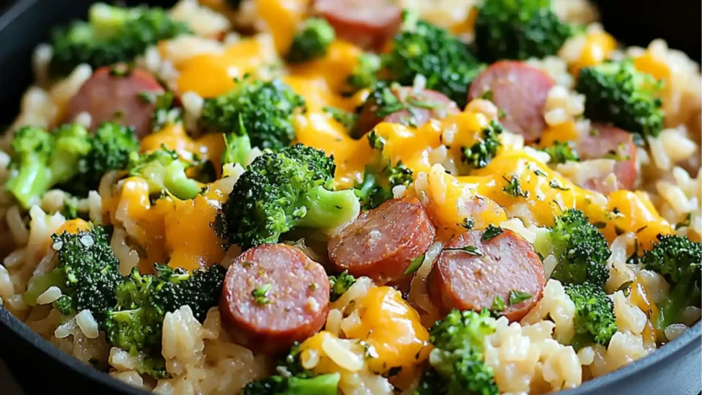 cheesy kielbasa rice and broccoli skillet recipe with sausage