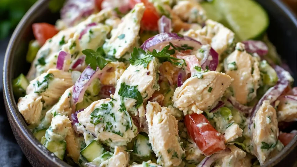 chicken salad in a pita bread with lemon wedges