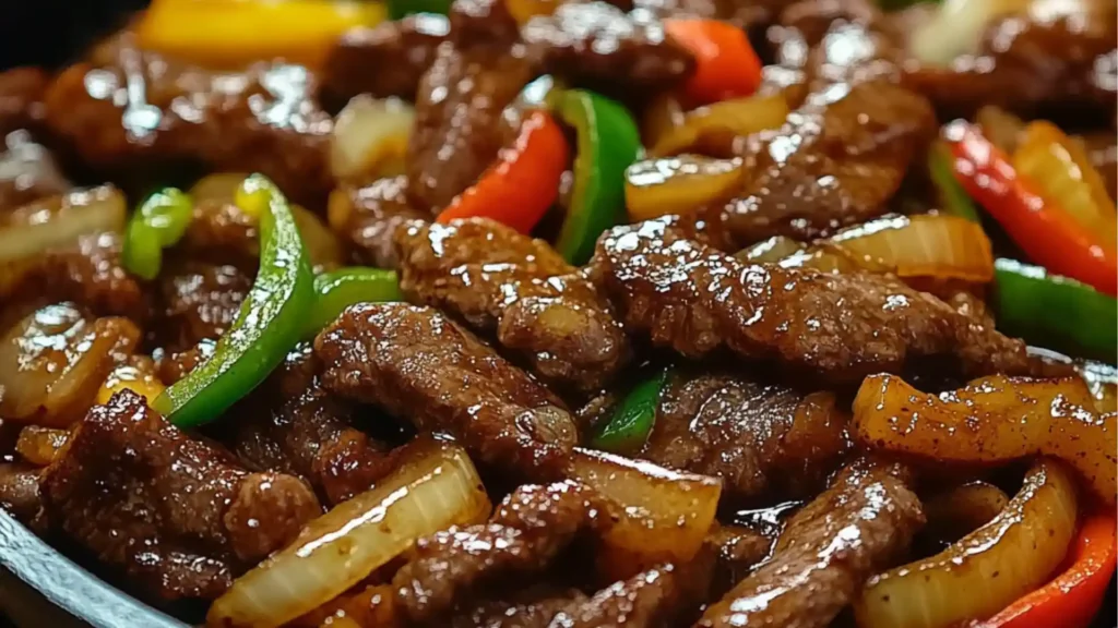 chinese beef steak recipe in a skillet with the title overlay reading how to make chinese pepper steak