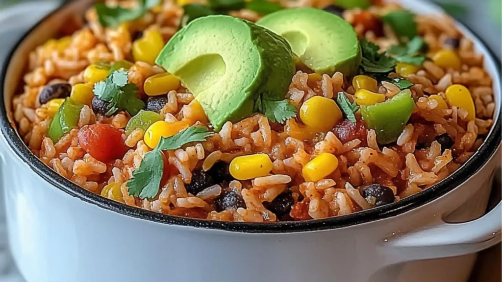 one pot mexican rice casserole is shown with a spoon in it