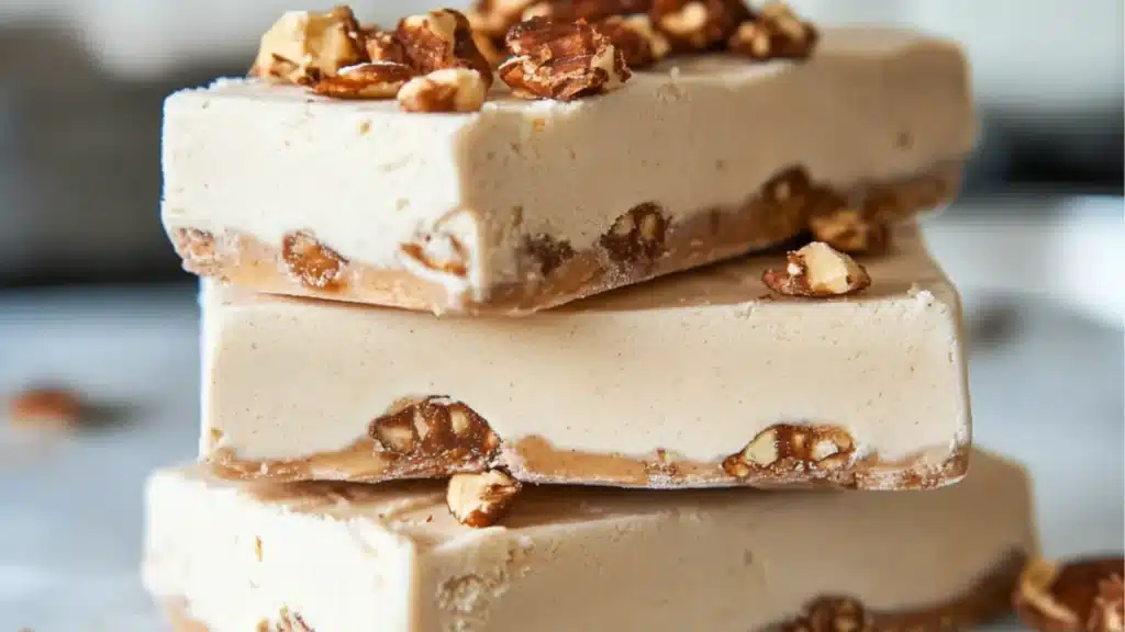 peanut butter frozen yogurt bars stacked on top of each other