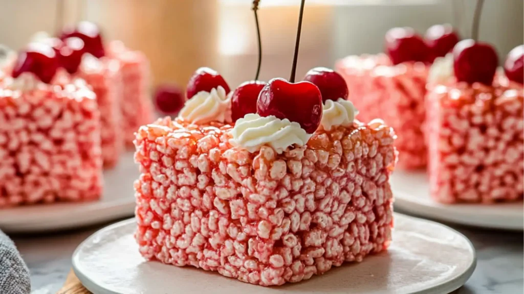 cherry rice krispie treats on a white plate with cherries in the middle and text overlay reading cherry rice krispies treats