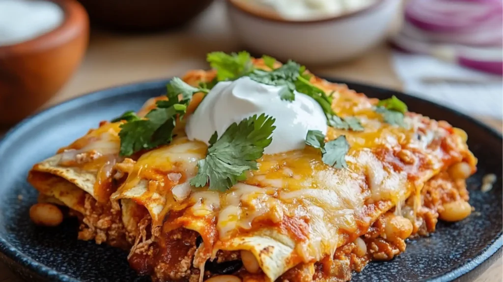 an enchilada casserole with cheese and avocado on top