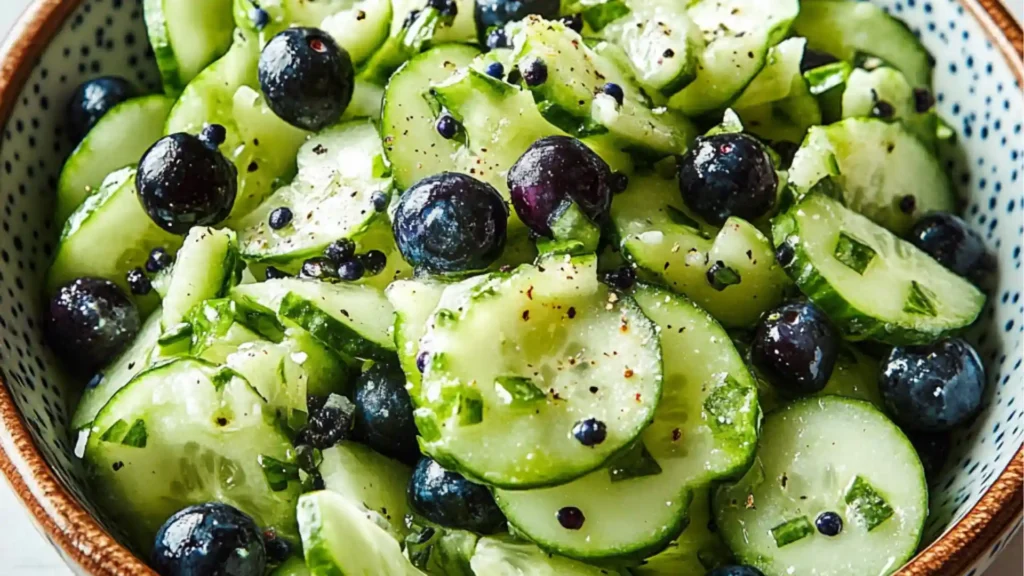 cucumber and blueberry salad in a glass bowl with text overlay that reads refreshing and light