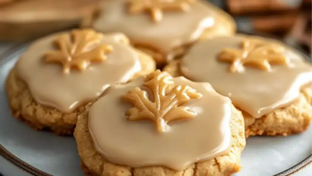 there is a plate full of frosted maple cookies