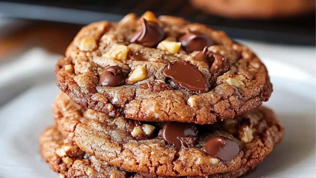 german chocolate cookies are stacked on top of each other with nuts in the middle and bottom