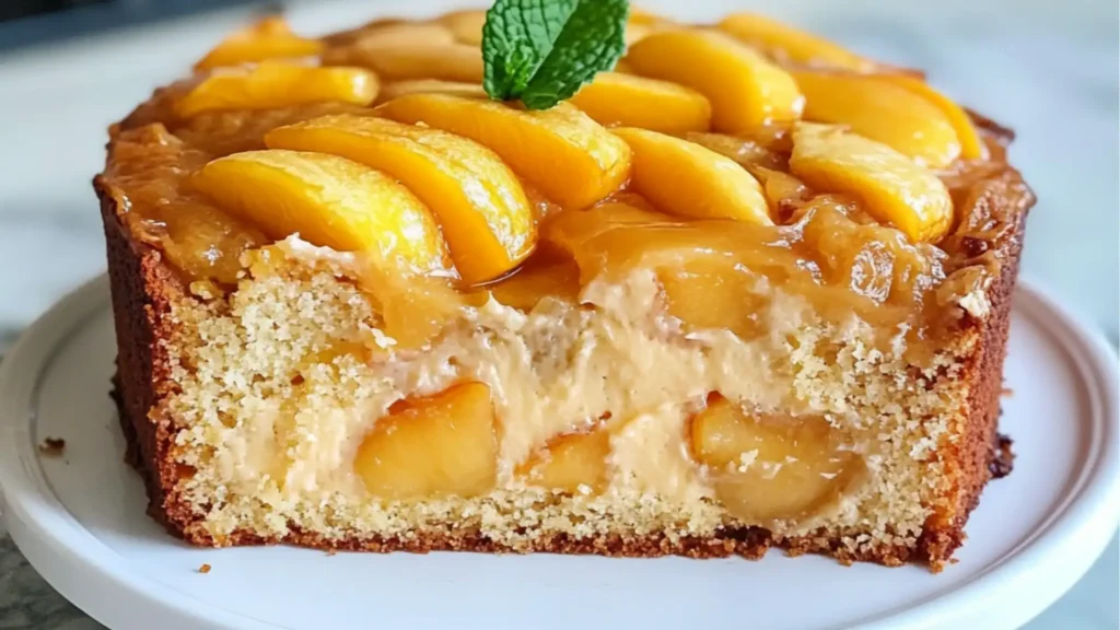 a piece of brown sugar peach cake on top of wax paper