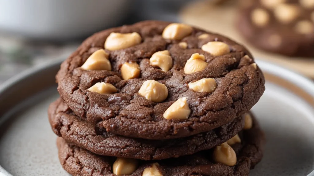 chocolate peanut butter cookies on a baking sheet with the words, chocolate peanut butter cookies