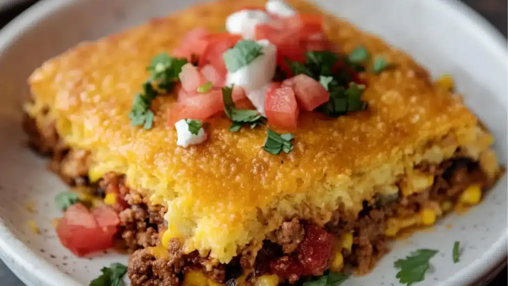 picture show different types of cheese taco and cornbread casserole with text overlay