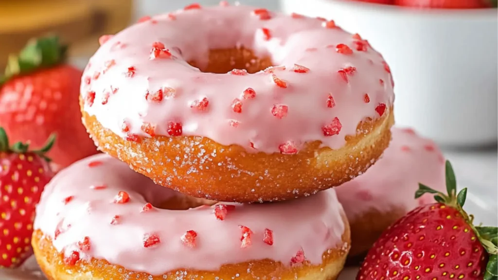 donuts with pink frosting and strawberry filling on them