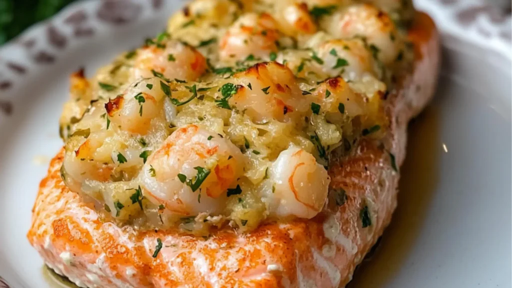 a piece of salmon on a plate with lemon wedges and parsley garnish