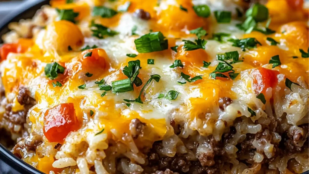 cheesy hamburger rice casserole with ground beef and cheese