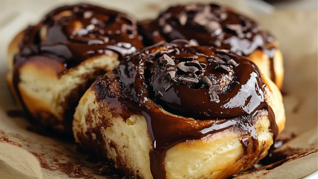 chocolate cinnamon rolls covered in frosting on top of a white plate with text overlay that reads irresistiblely chocolate cinnamon rolls