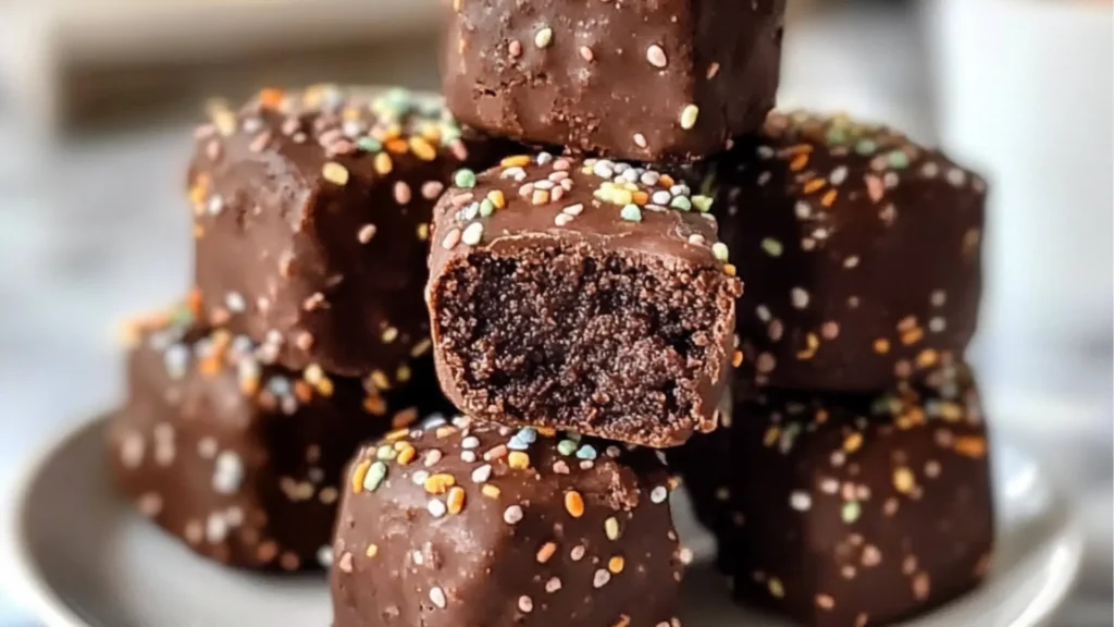 chocolate brownie protein bites with sprinkles on top and in the middle
