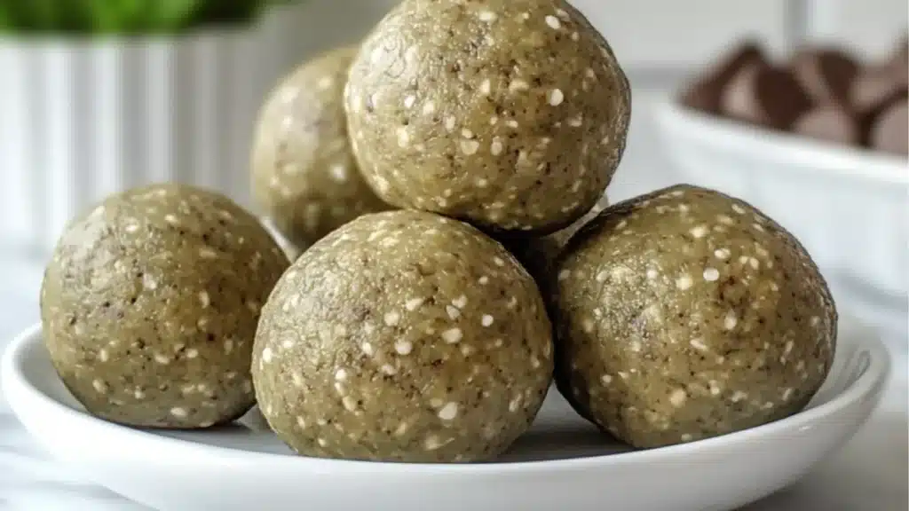 chocolate chip protein balls on a plate with text overlay
