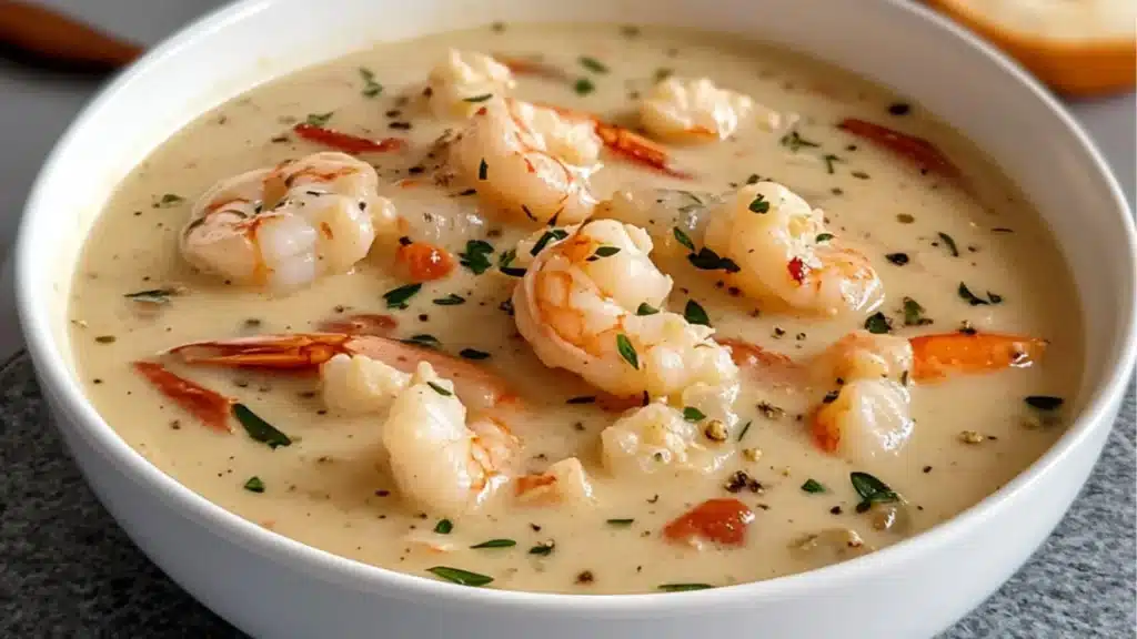 bowl of crab and shrimp soup with garnishes in the top one