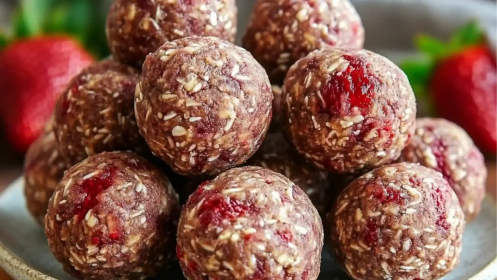 strawberry cheesecake protein balls on a plate with strawberries
