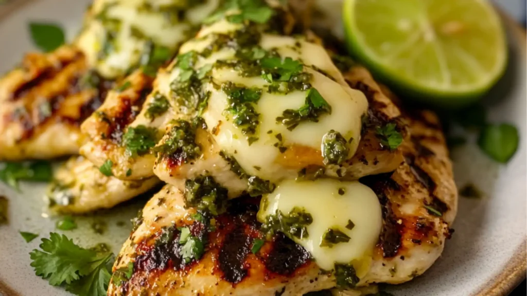 grilled salsa verde pepper jack chicken on a plate