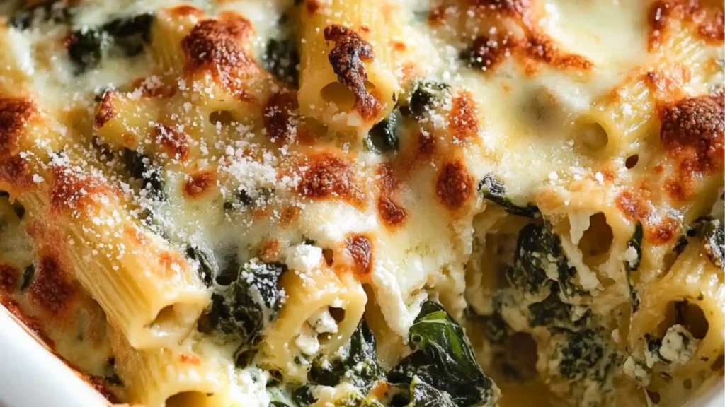 baked rigantii with spinach and ricotta in a casserole dish
