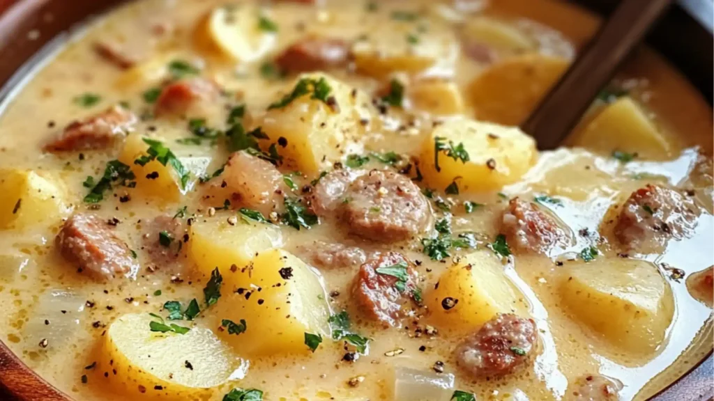 sausage potato soup in a skillet with a ladle full of it and the title overlay reads sausage potato soup
