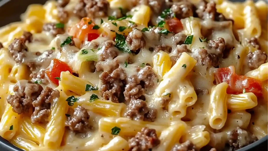 this is an image of loaded cheeseburger alfredo pasta