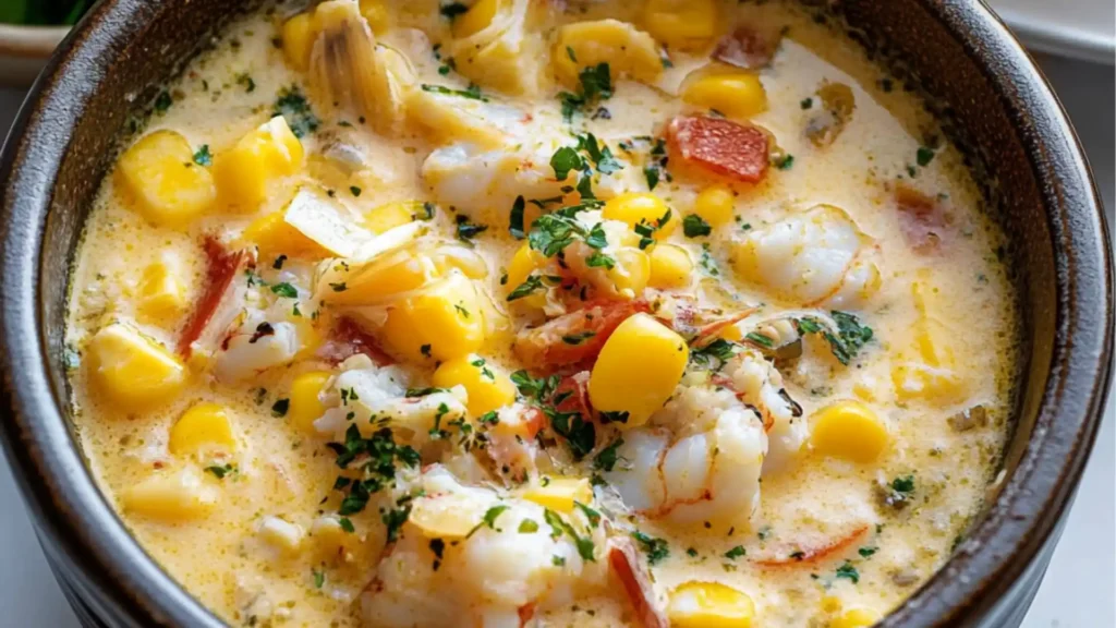 bowl of crab and corn chowee with text overlay that reads bobby floyd's crab and corn chowee