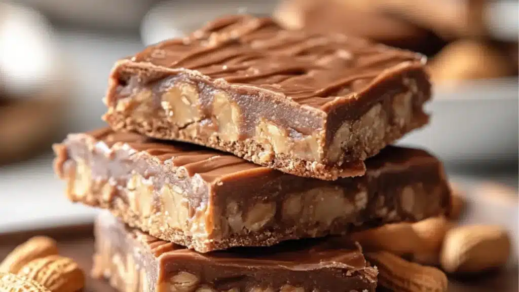 the peanut butter sandwich bars are stacked on top of each other and ready to be eaten
