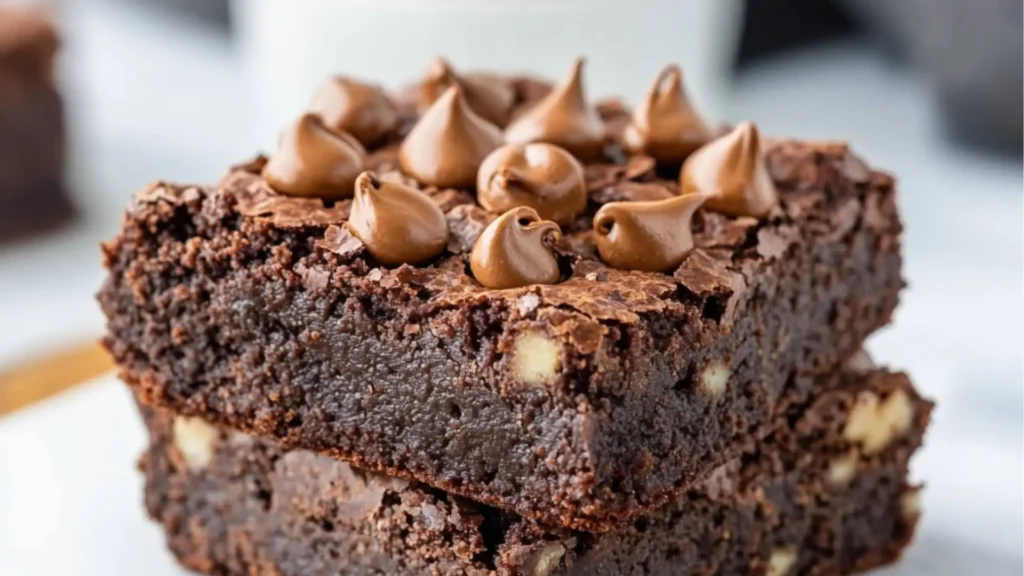 chocolate brownies stacked on top of each other with the words zero sugar brownies with greek yogurt