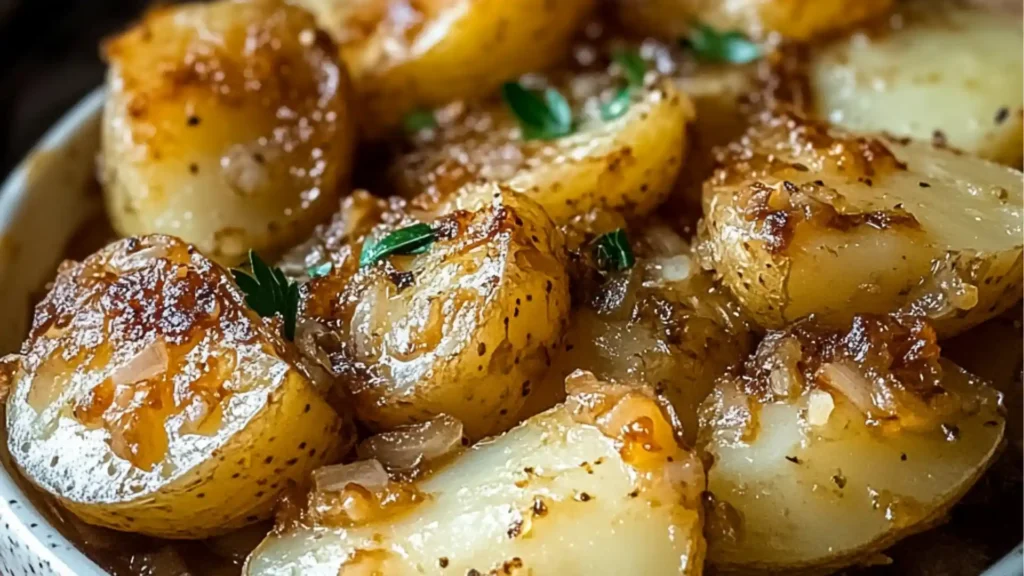 french onion potatoes in a white casserole dish