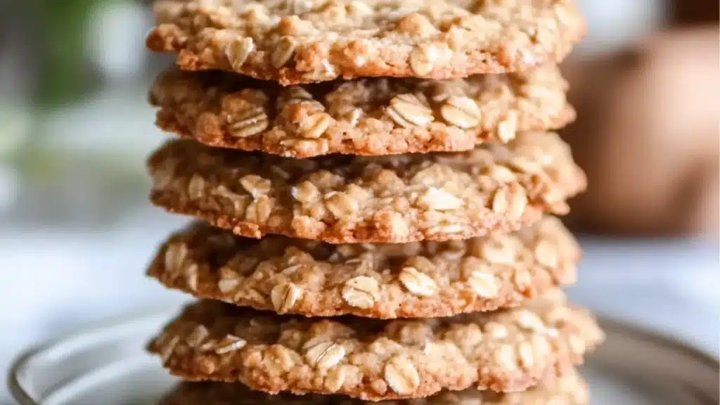 oatmeal lage cookies are stacked on top of each other with the title overlay