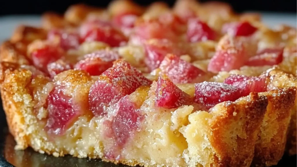 a close up of a cake on a table with the words rhubarb custard kuchen