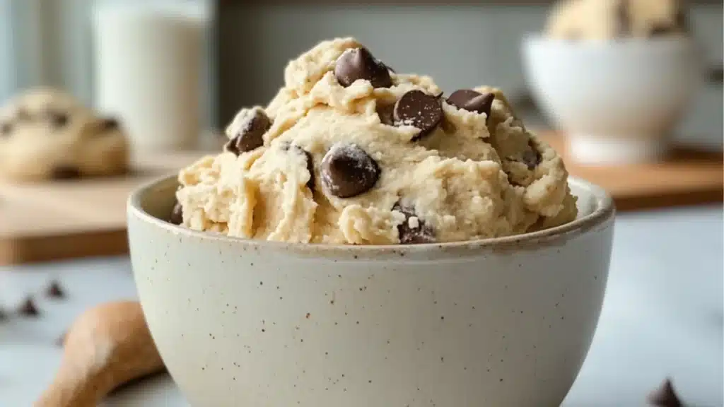 greek yogurt cookie dough in a metal bowl