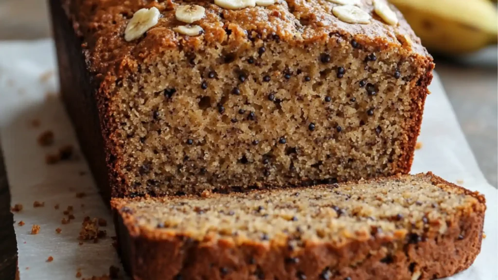 high protein cottage cheese banana bread in a pan with text overlay that reads high protein cottage cheese banana bread