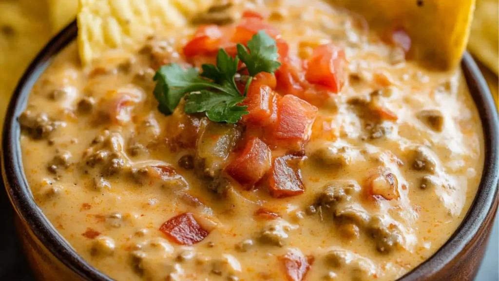 cheesy rotel ranch queso in a bowl with the title above it