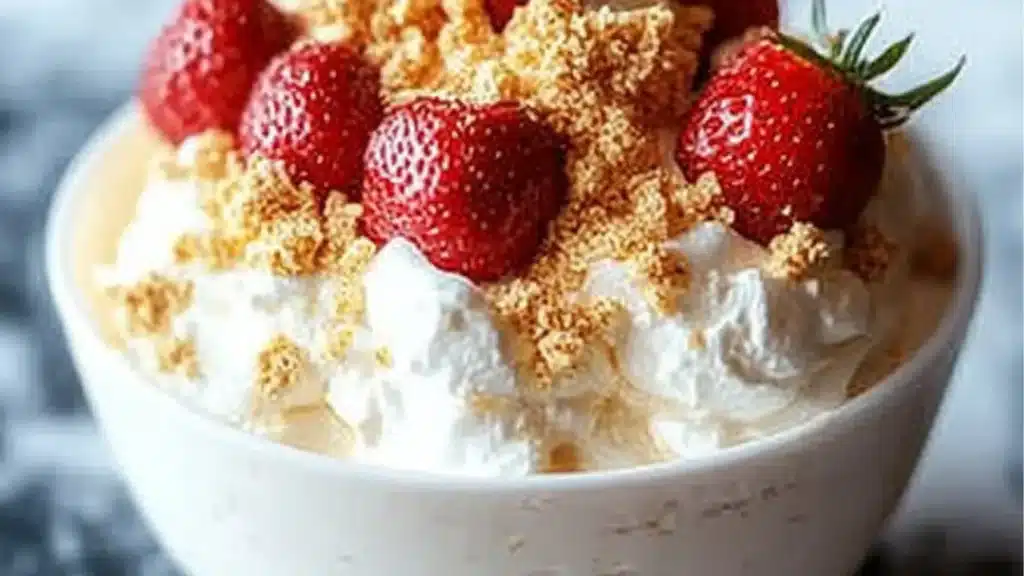 high protein cheesecake fluff in a bowl with raspberries on the side