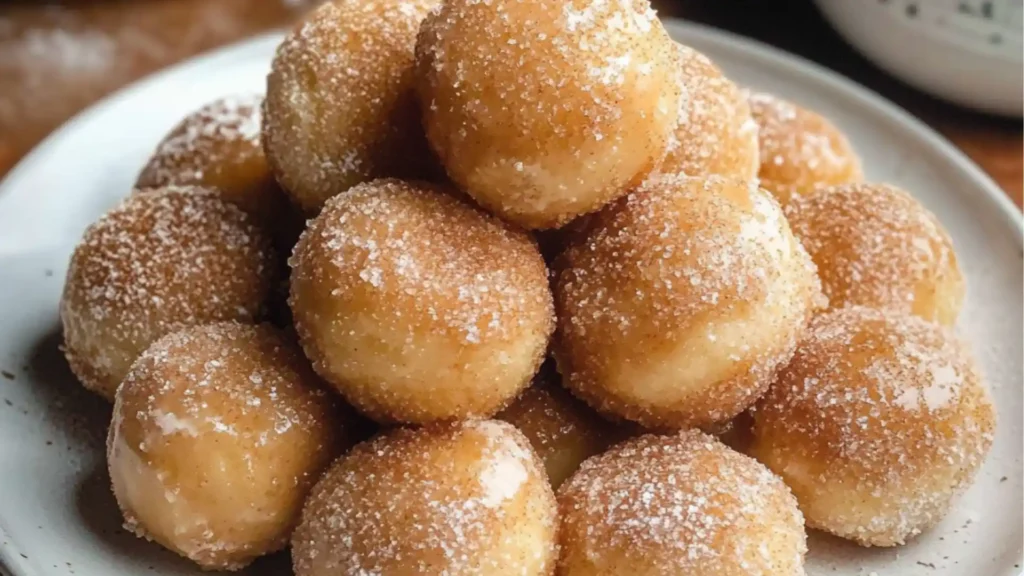 someone is picking up some sugared doughnut holes from a plate with bananas in the background
