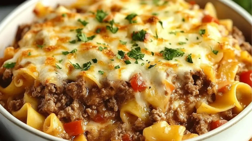 a casserole dish with meat, cheese and tomatoes on the side is ready to be eaten