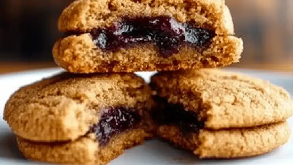 oatmeal and jelly cookies stacked on top of each other
