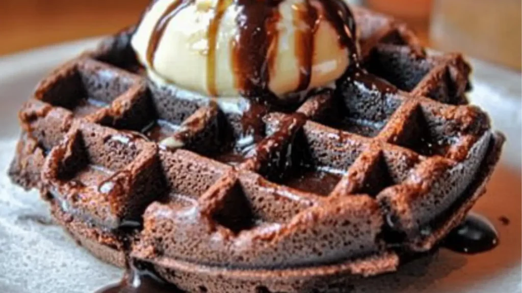 waffles with chocolate on top and the words brownie waffles no flour needed