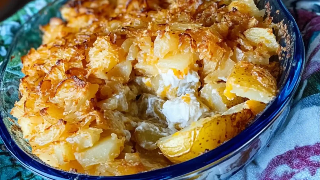 plates with cheesy potato casserole on them and the title says sour cream & onion party potatoes