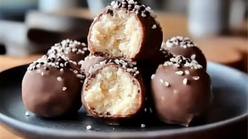 chocolate covered cheese protein balls with text overlay