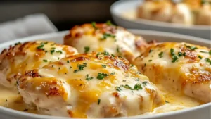 a chiken dish with cheese and parsley on top