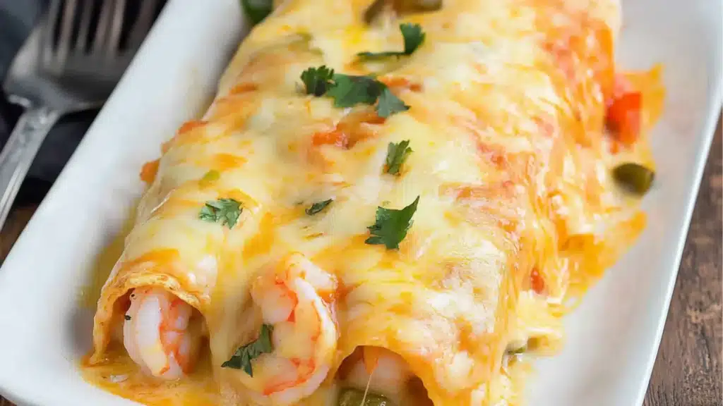 creamy shrimp enchiladas in a white casserole dish with text overlay