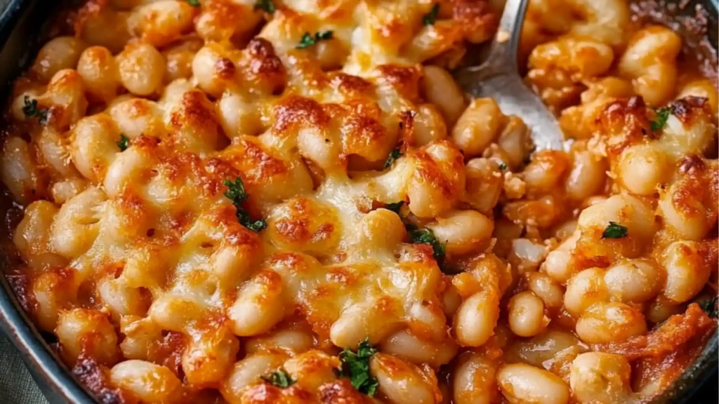 a skillet filled with baked beans and spinach next to two slices of bread