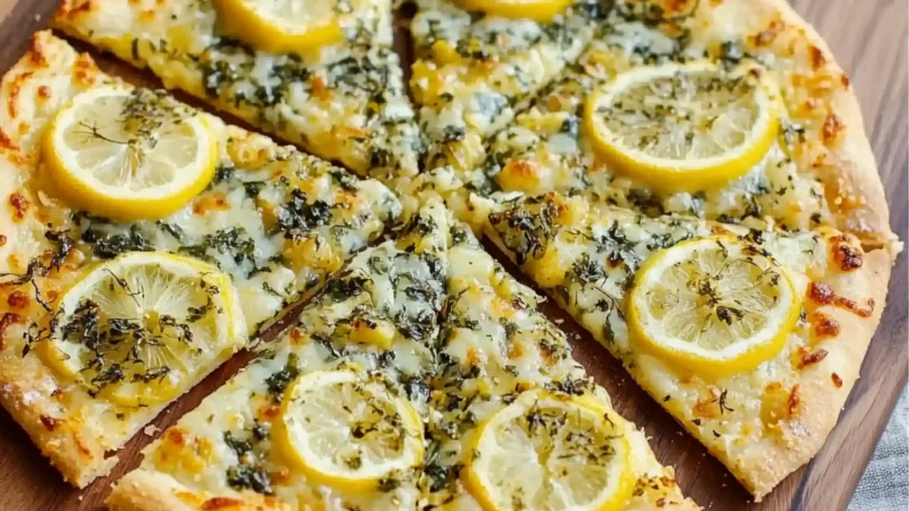 a pizza with lemons and parsley on it, next to some other ingredients